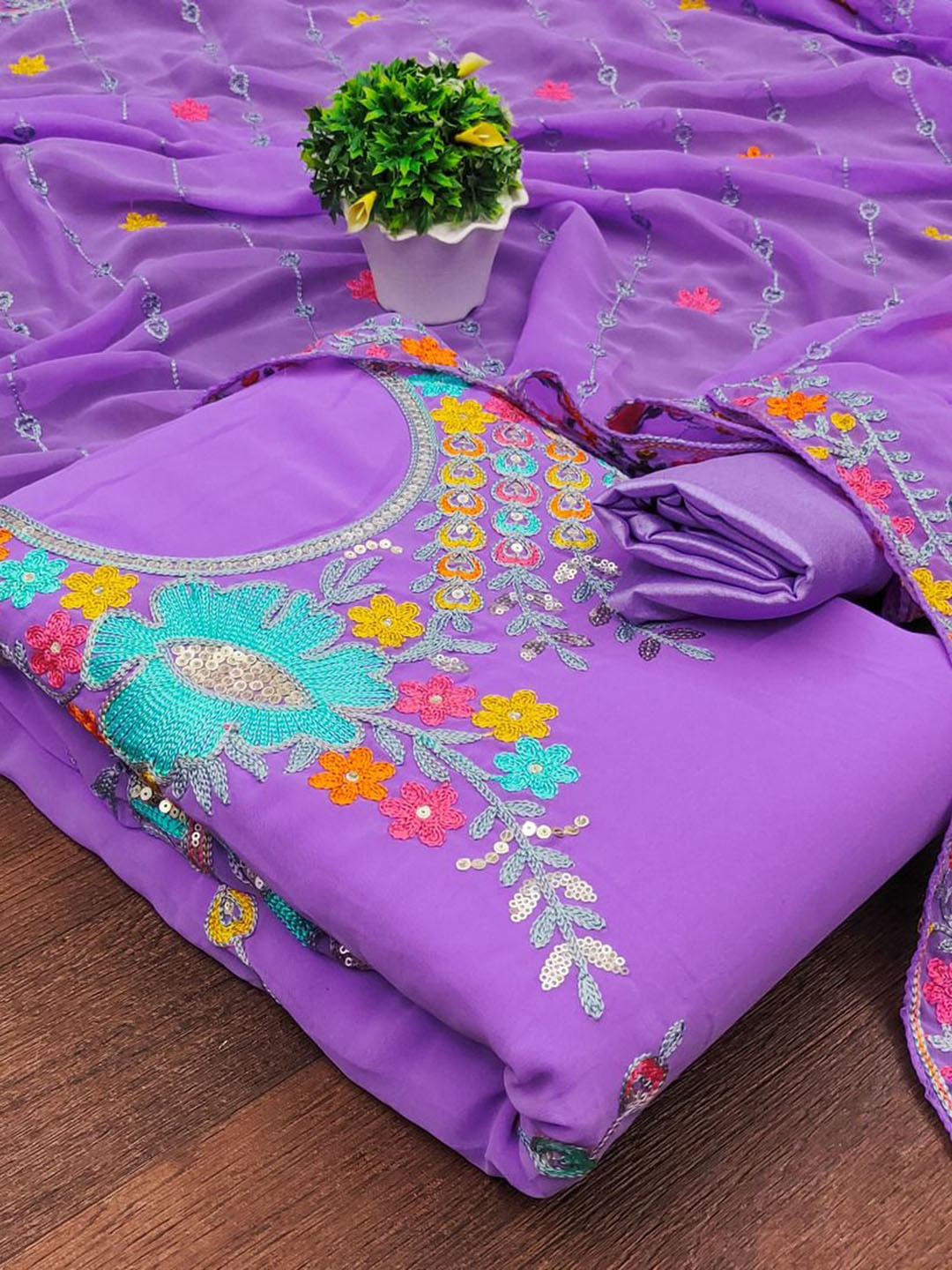

APNISHA Floral Embroidered Sequinned Unstitched Dress Material, Lavender