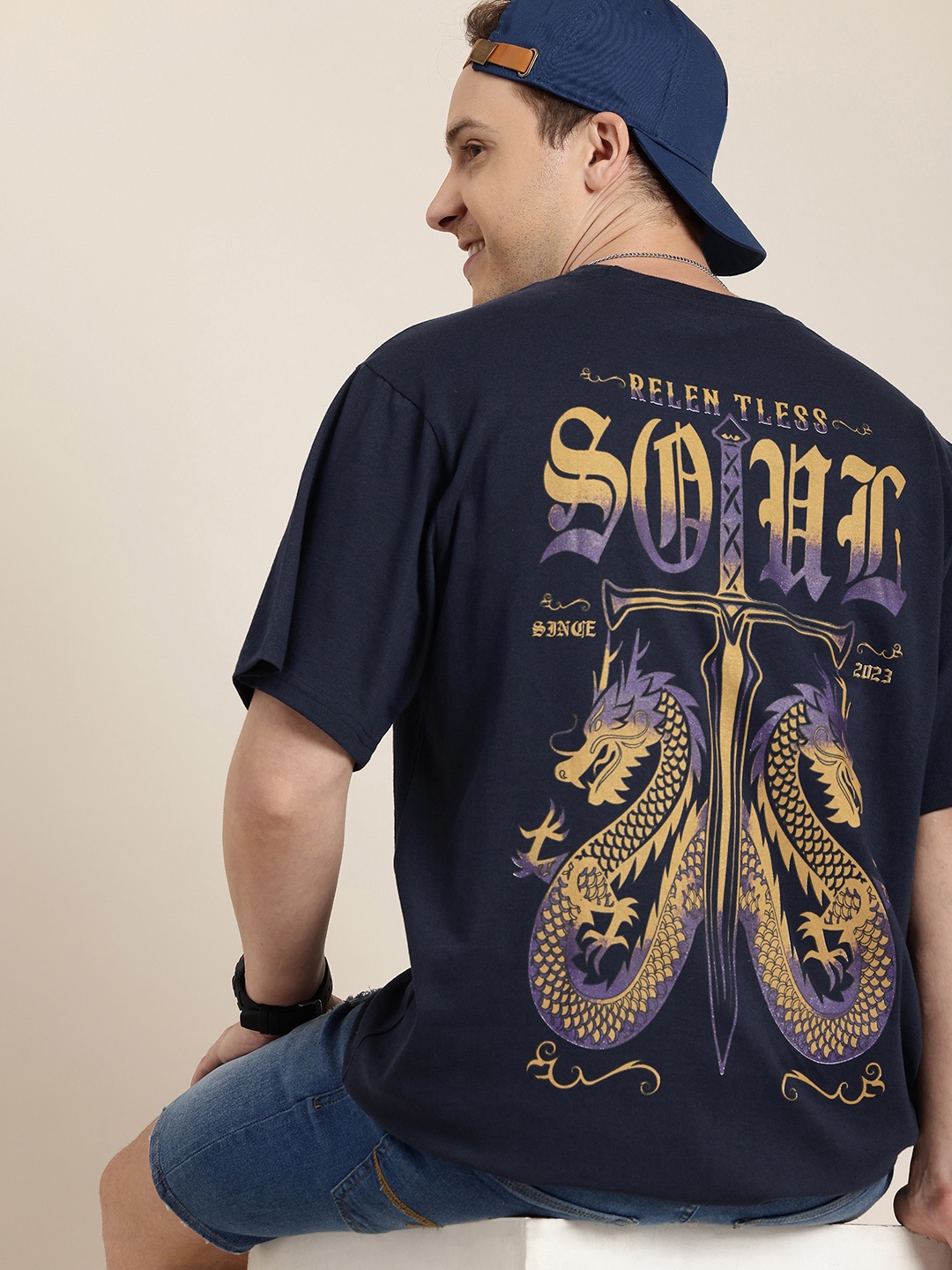 

HERE&NOW Men Printed Pure Cotton T-shirt, Navy blue