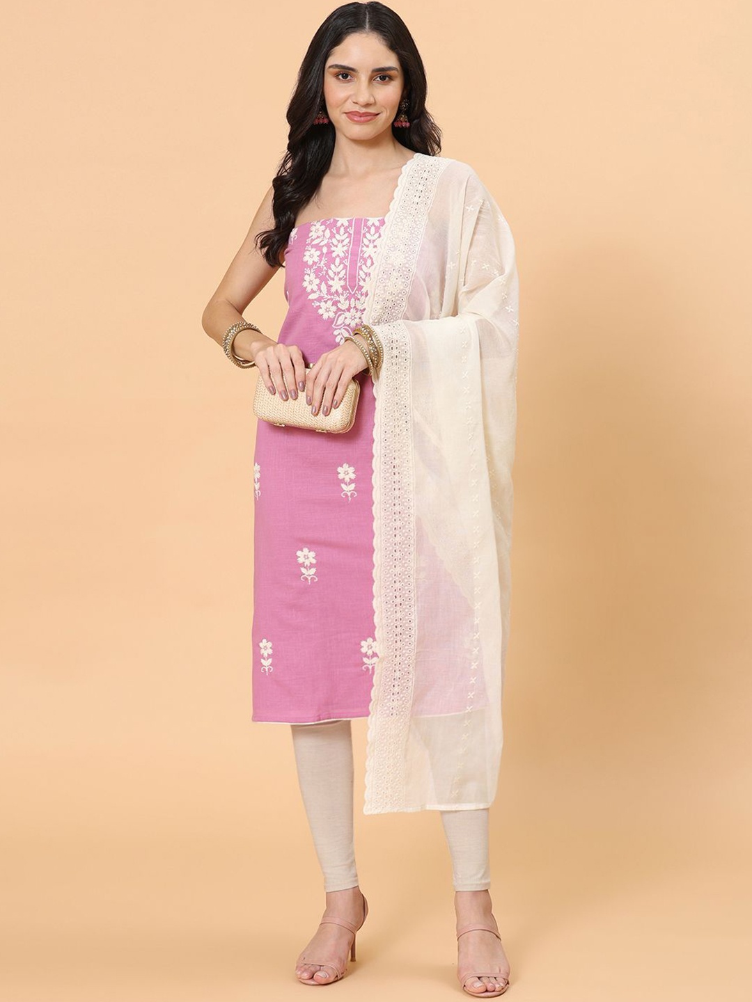 

Meena Bazaar Floral Embroidered Unstitched Dress Material, Pink