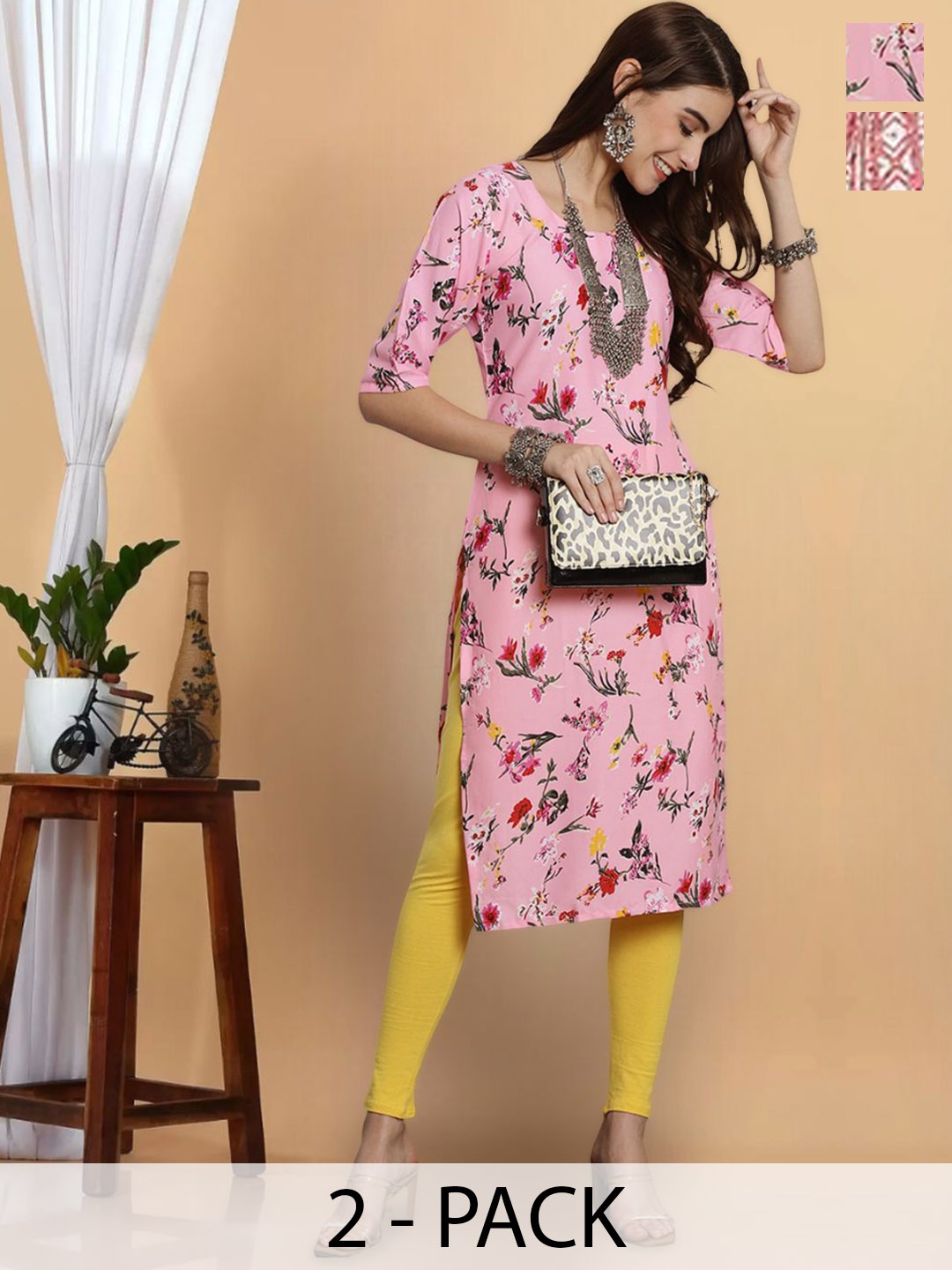 

7Threads Selection Of 2 Floral Printed Round Neck Crepe Straight Kurta, Pink