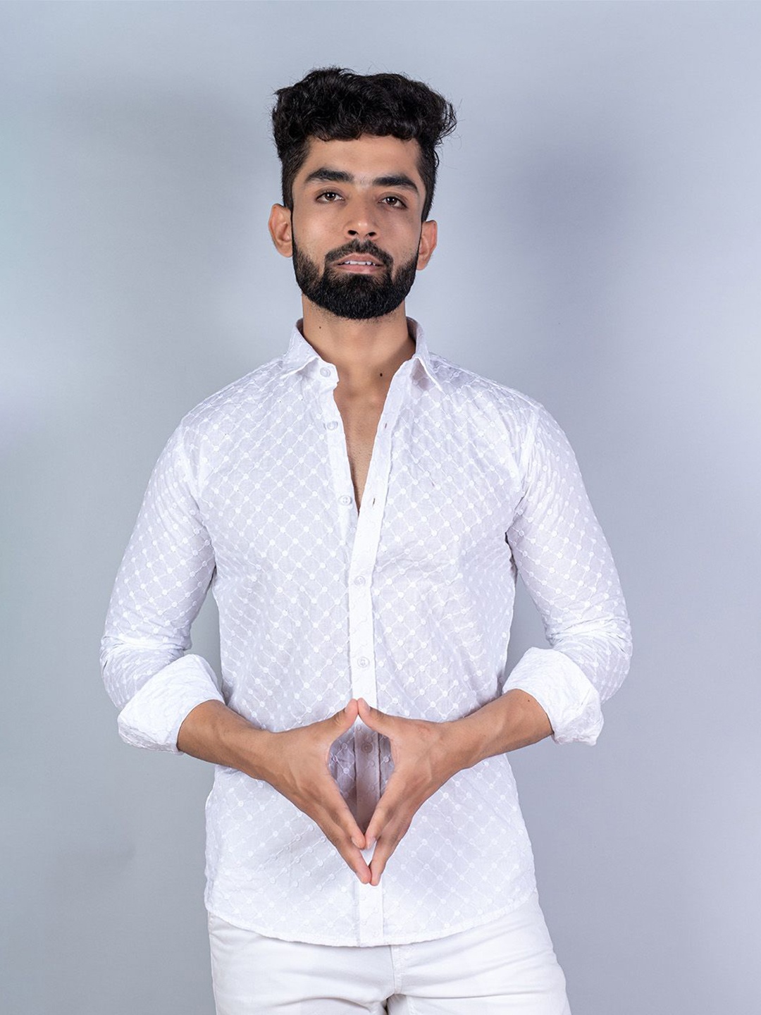 

Tistabene Men Standard Spread Collar Micro Ditsy Printed Cotton Casual Shirt, White