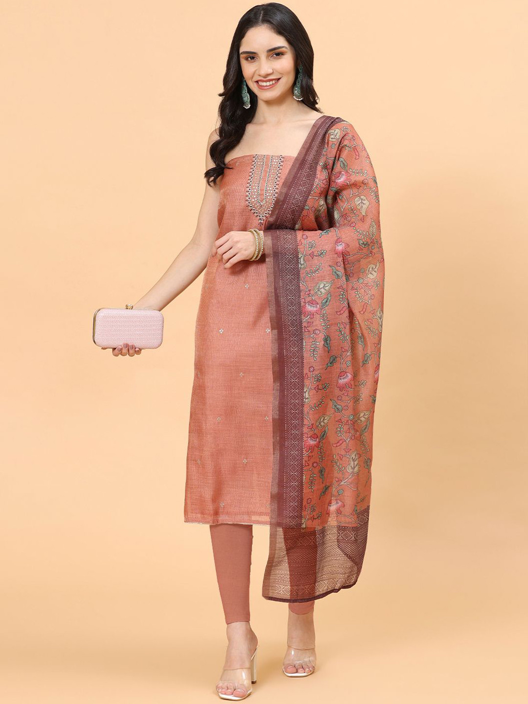 

Meena Bazaar Floral Embroidered Sequinned Unstitched Dress Material, Peach