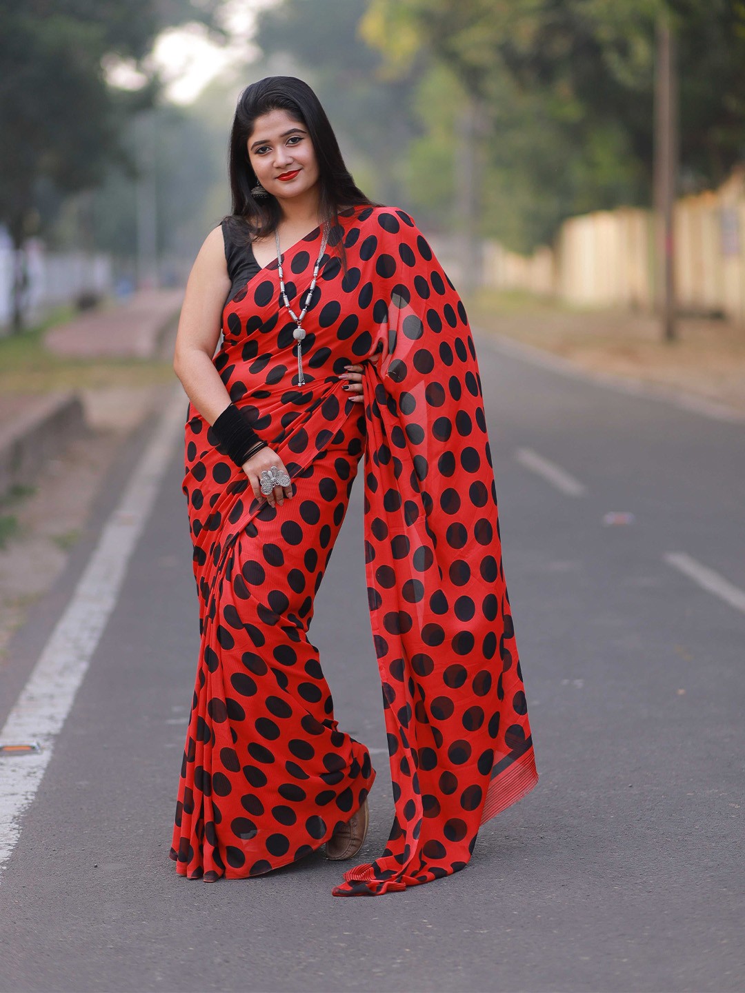 

Moda Rapido Polka Dot Poly Georgette Saree, Red