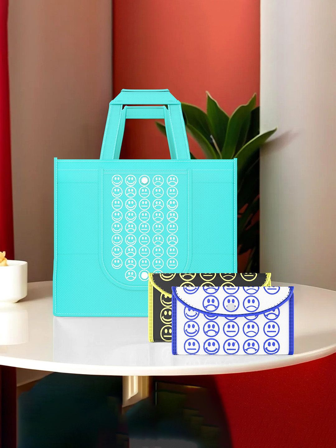 

Kuber Industries Set of 3 Smiley Printed Lightweight Foldable & Reusable Shopping Bags, Blue