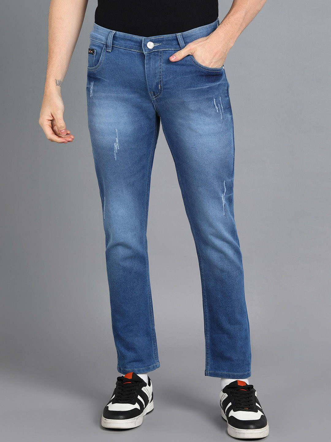 

FUDE PRIDE Men Low Distress Light Fade Stretchable Jeans, Blue