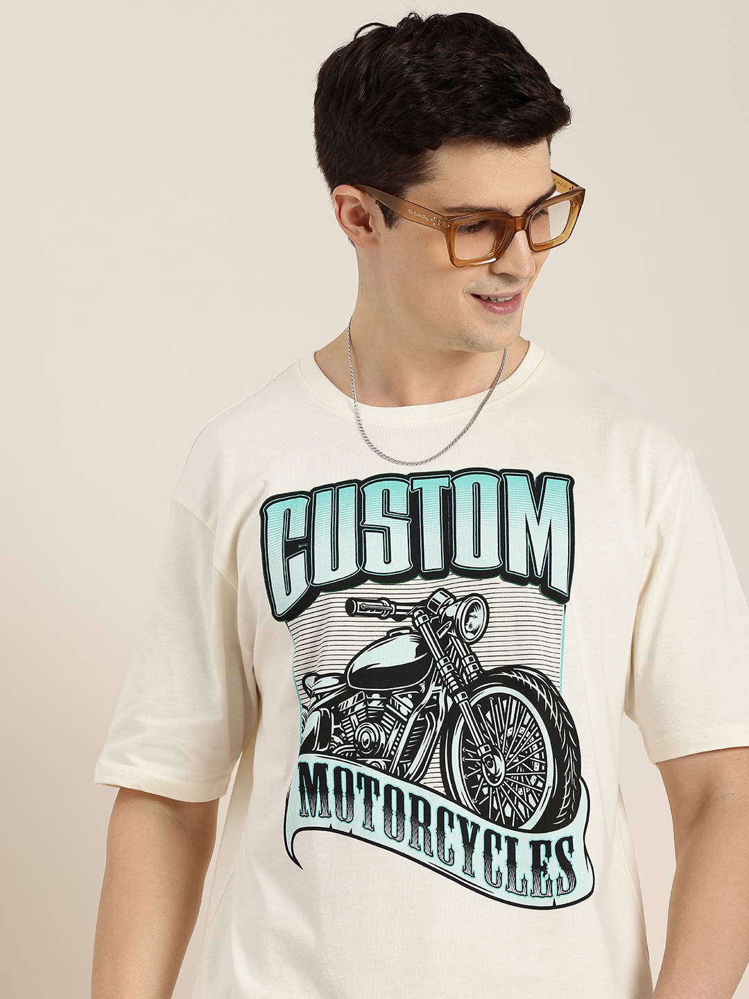

HERE&NOW Printed Drop-Shoulder Sleeves Pure Cotton T-shirt, Off white