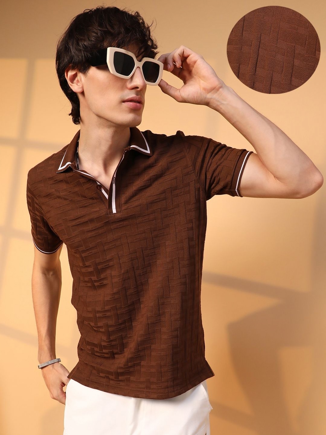 

Campus Sutra Men Self Design Polo Collar Cotton T-Shirt, Brown