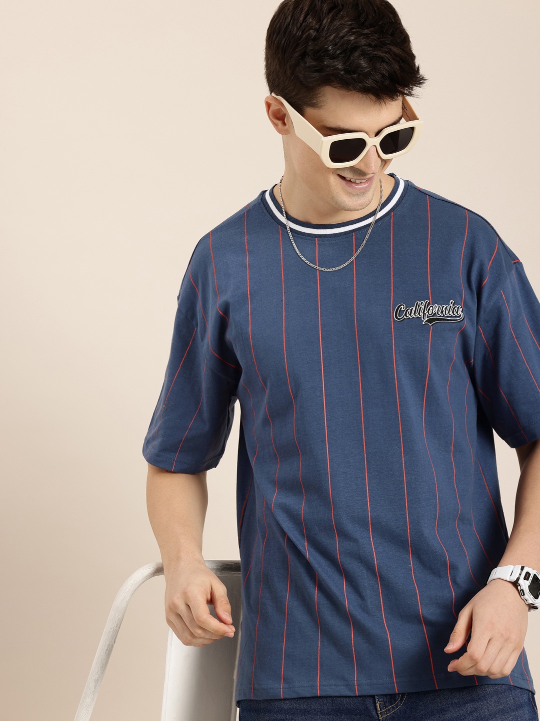

HERE&NOW Pure Cotton Striped Drop-Shoulder Sleeves Boxy T-shirt, Navy blue