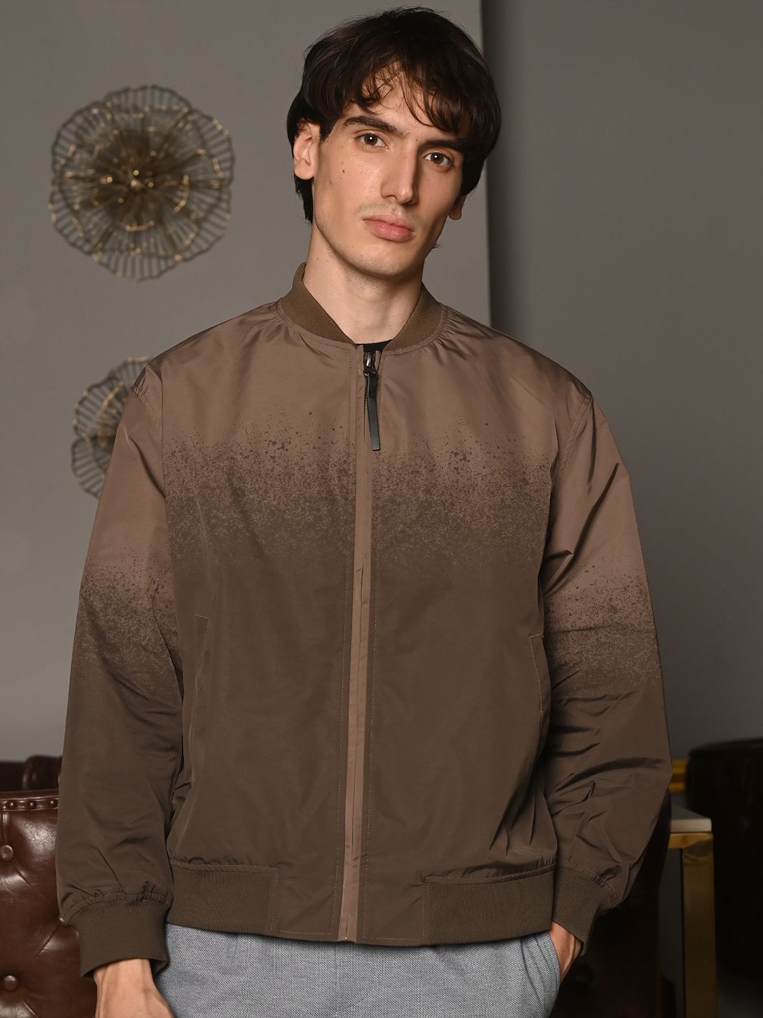 

ODETTE Men Solid Mock Collar Bomber Jacket, Brown