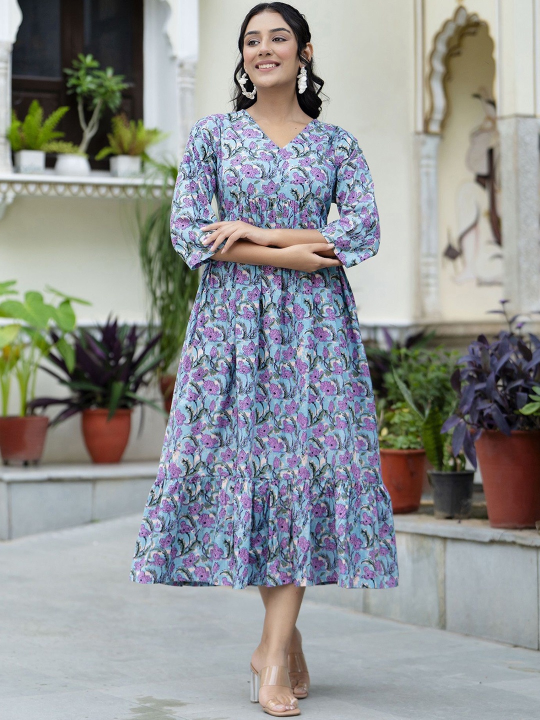 

HIVDO Floral Printed Fit & Flare Midi Dress, Blue