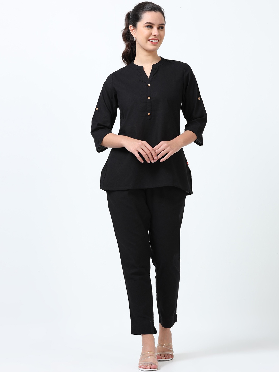 

Marcia Mandarin Collar Pure Cotton Tunic With Trousers, Black