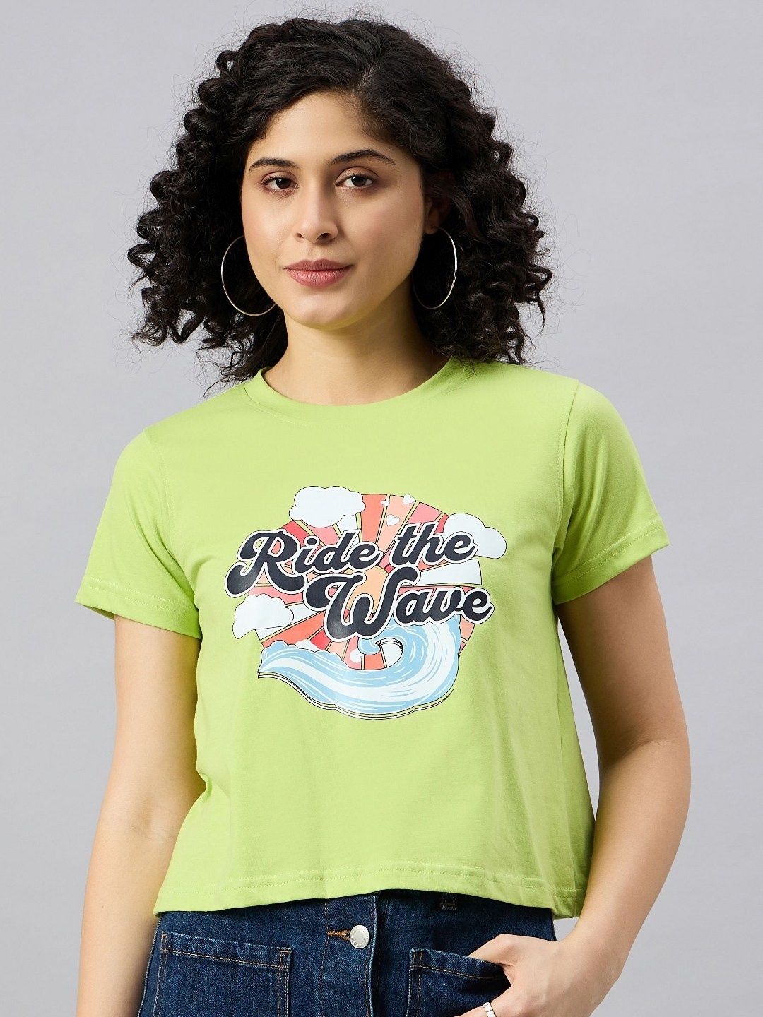 

REPRISE Women Typography Printed Round Neck Cotton T-Shirt, Green