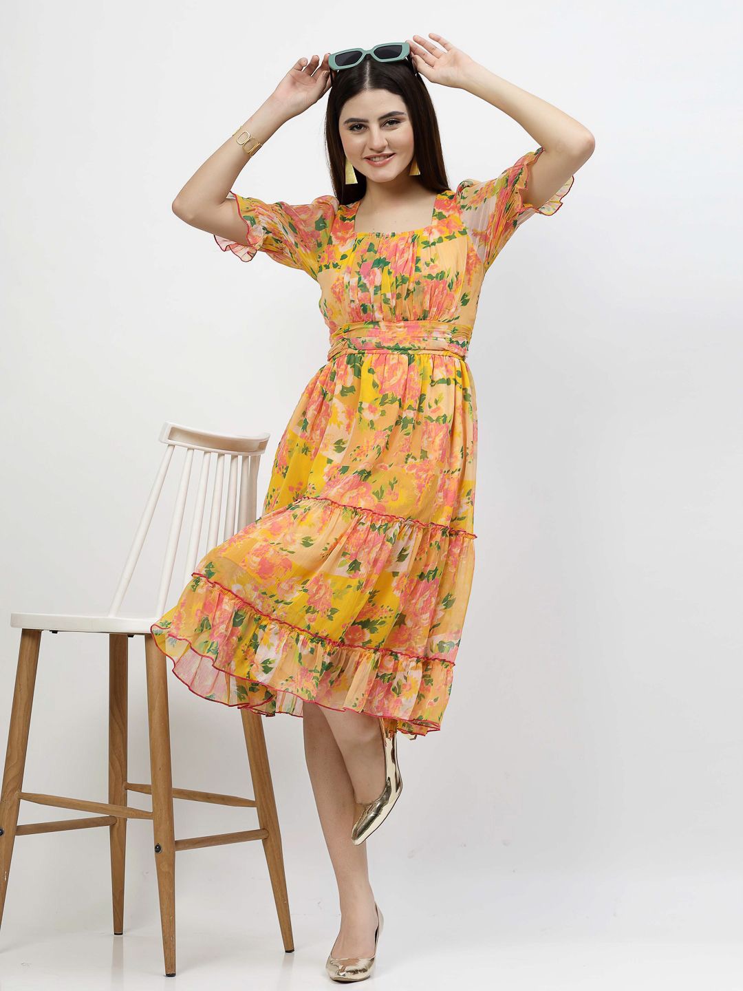 

COSMIC TRIO Floral Printed Puff Sleeve Chiffon Fit & Flare Dress, Yellow