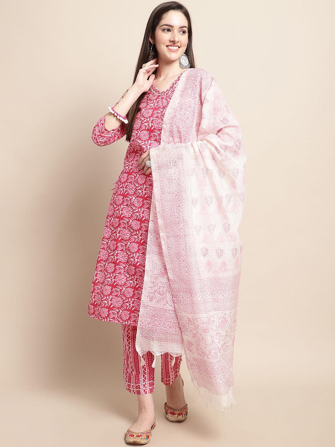 

BANDIA Floral Printed Regular Pure Cotton Straight Kurta with Trousers & Dupatta, Pink