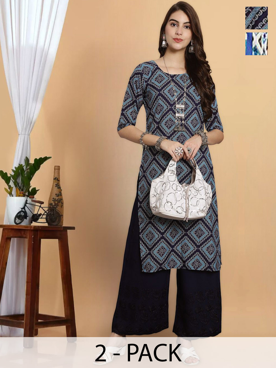 

7Threads Selection Of 2 Ethnic Motifs Printed Round Neck Crepe Straight Kurta, Blue