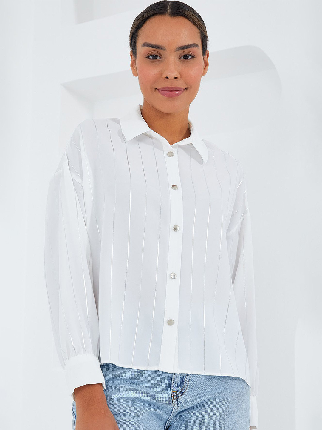 

BIGDART Women Spread Collar Solid Casual Shirt, White