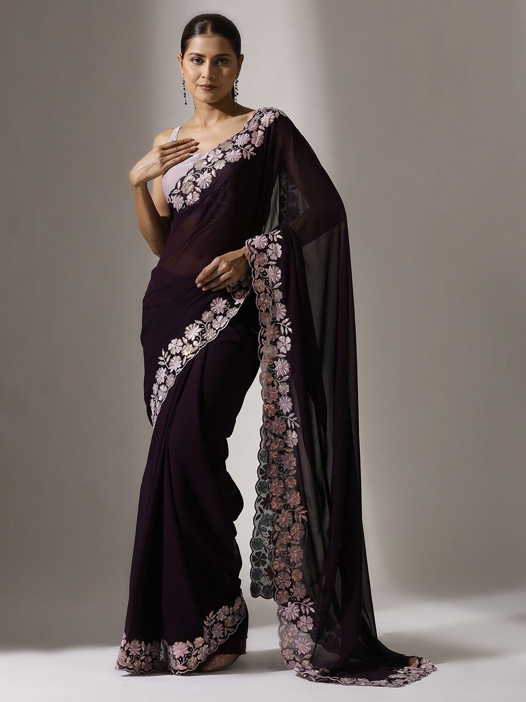 

Qahal Sequinned Pure Georgette Saree, Purple