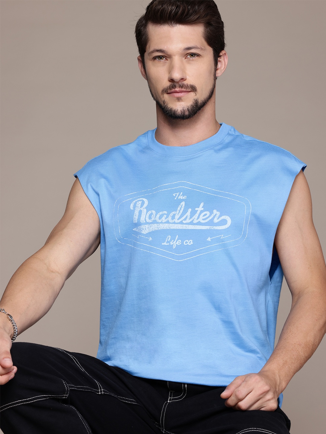 

The Roadster Lifestyle Co. Brand Logo Print Extended Sleeves Pure Cotton Relaxed T-shirt, Blue