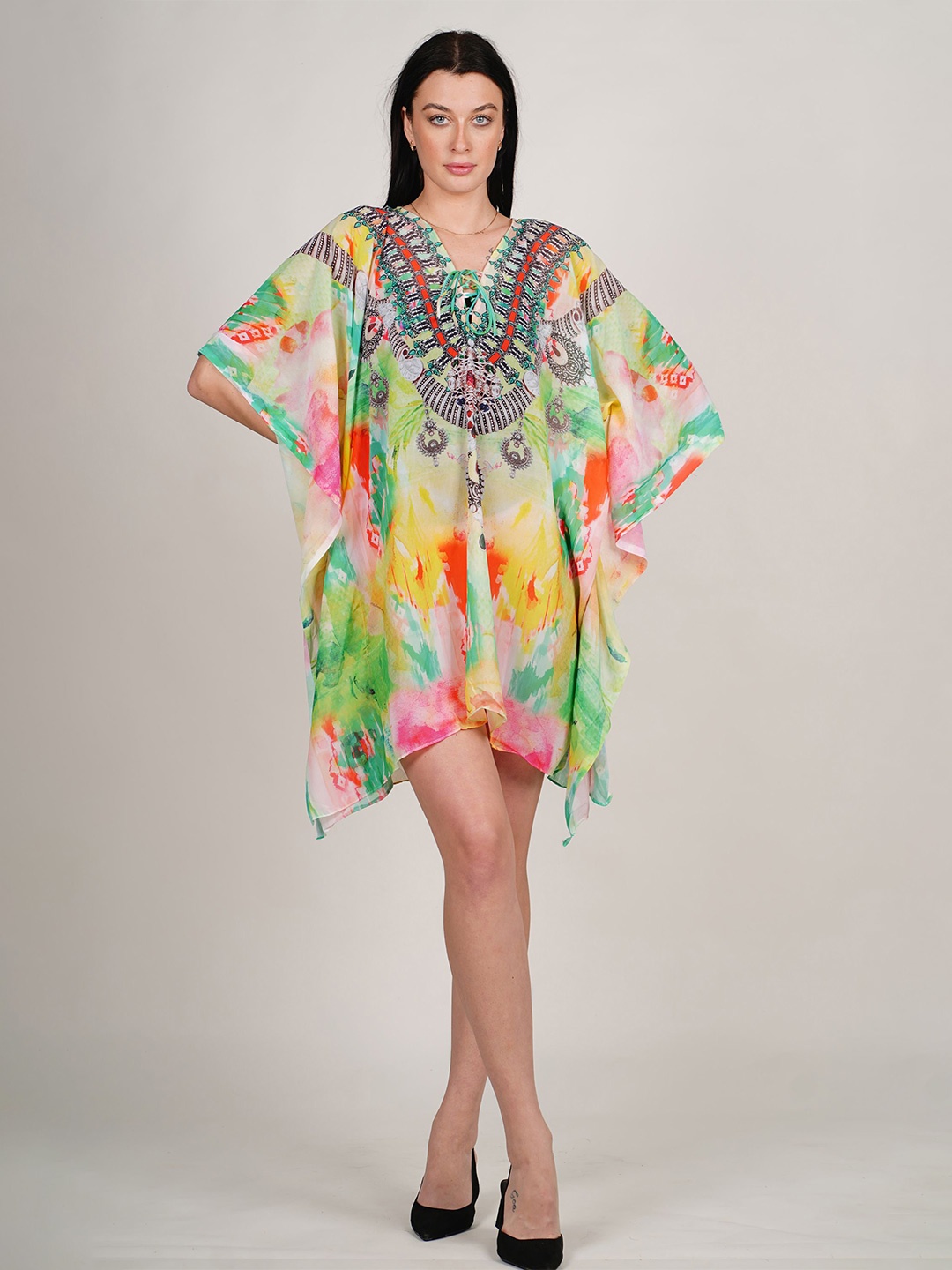 

ravi rajoria Ethnic Motifs Printed Kimono Sleeve Kaftan Dress, Multi