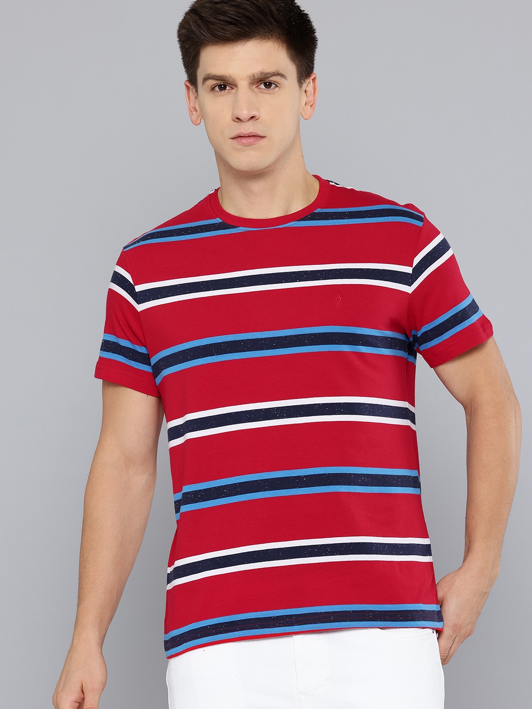 

Indian Terrain Men Striped Pure Cotton T-shirt, Red