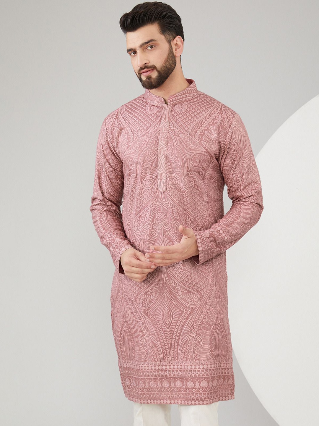 

KASBAH CLOTHING NISHCHAIY SAJDEH Floral Embroidered Thread Work Straight Kurta, Pink