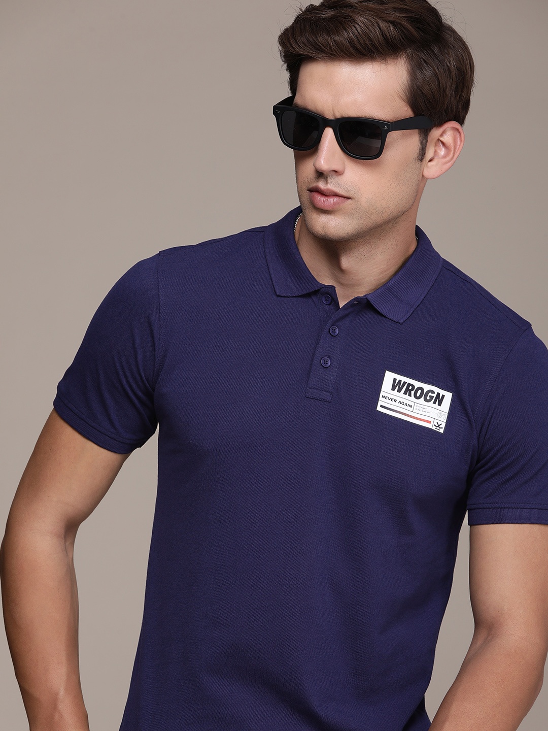 

WROGN Men Polo Collar Pure Cotton T-shirt, Navy blue