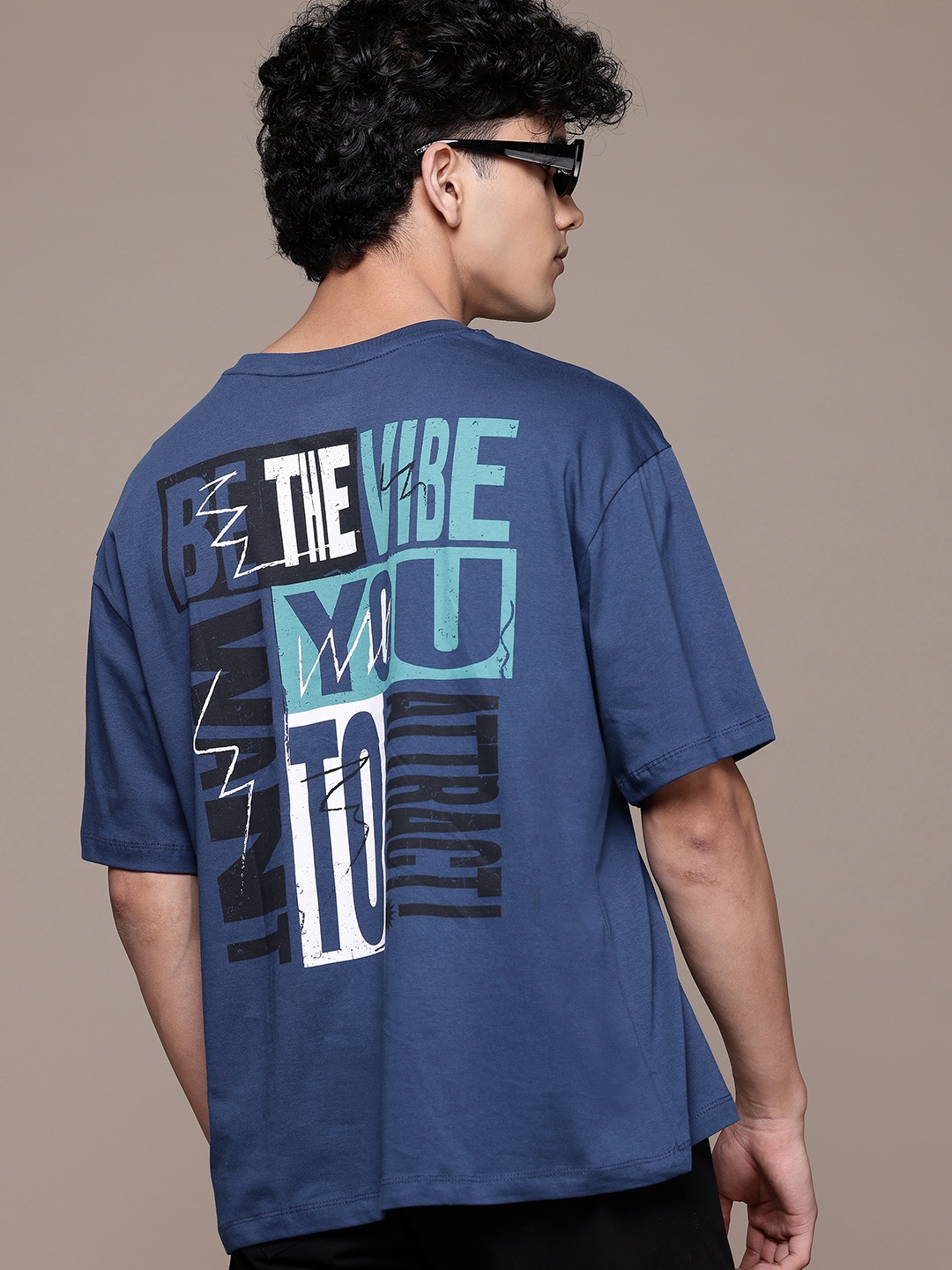 

The Roadster Lifestyle Co. Printed Drop-Shoulder Sleeves Pure Cotton Relaxed T-shirt, Blue