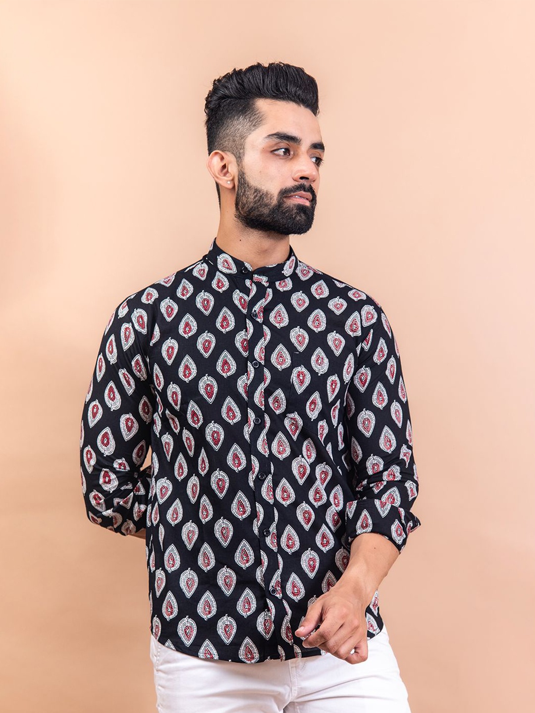 

Tistabene Men Standard Band Collar Conversational Printed Cotton Casual Shirt, Black