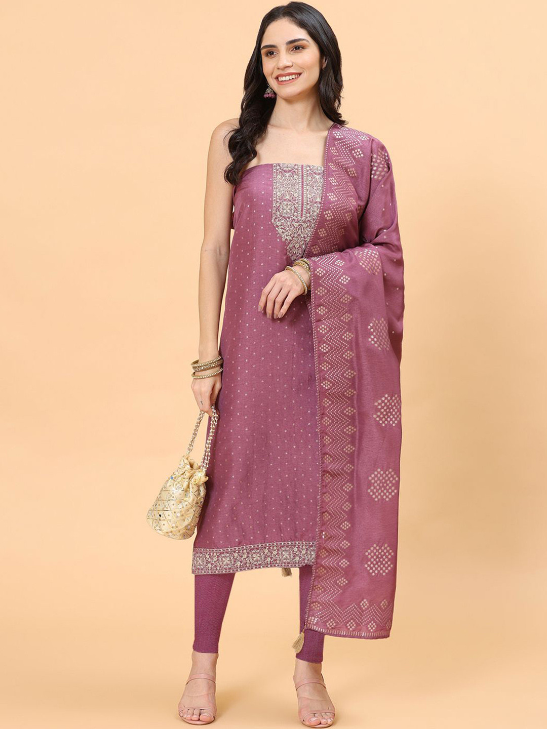 

Meena Bazaar Ethnic Motifs Woven Design Unstitched Dress Material, Pink
