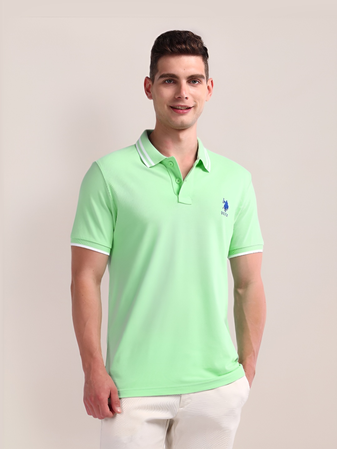 

U.S. Polo Assn. Men Solid Polo Collar Cotton Slim Fit T-Shirt, Green