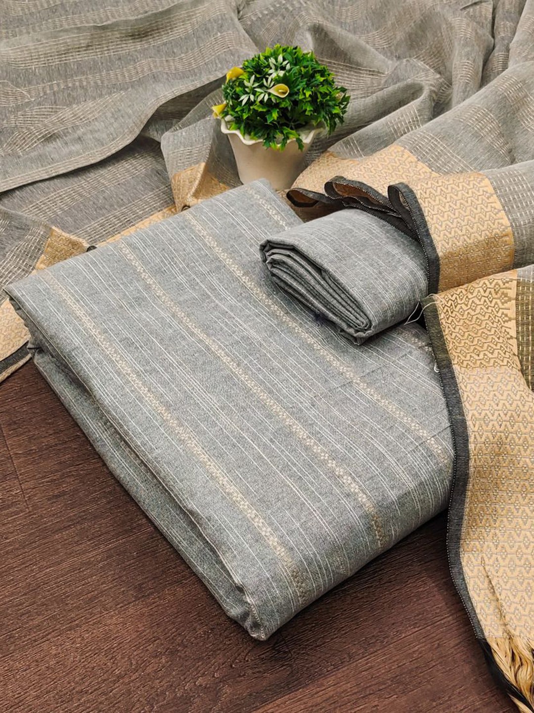 

APNISHA Striped Woven Design Unstitched Dress Material, Grey