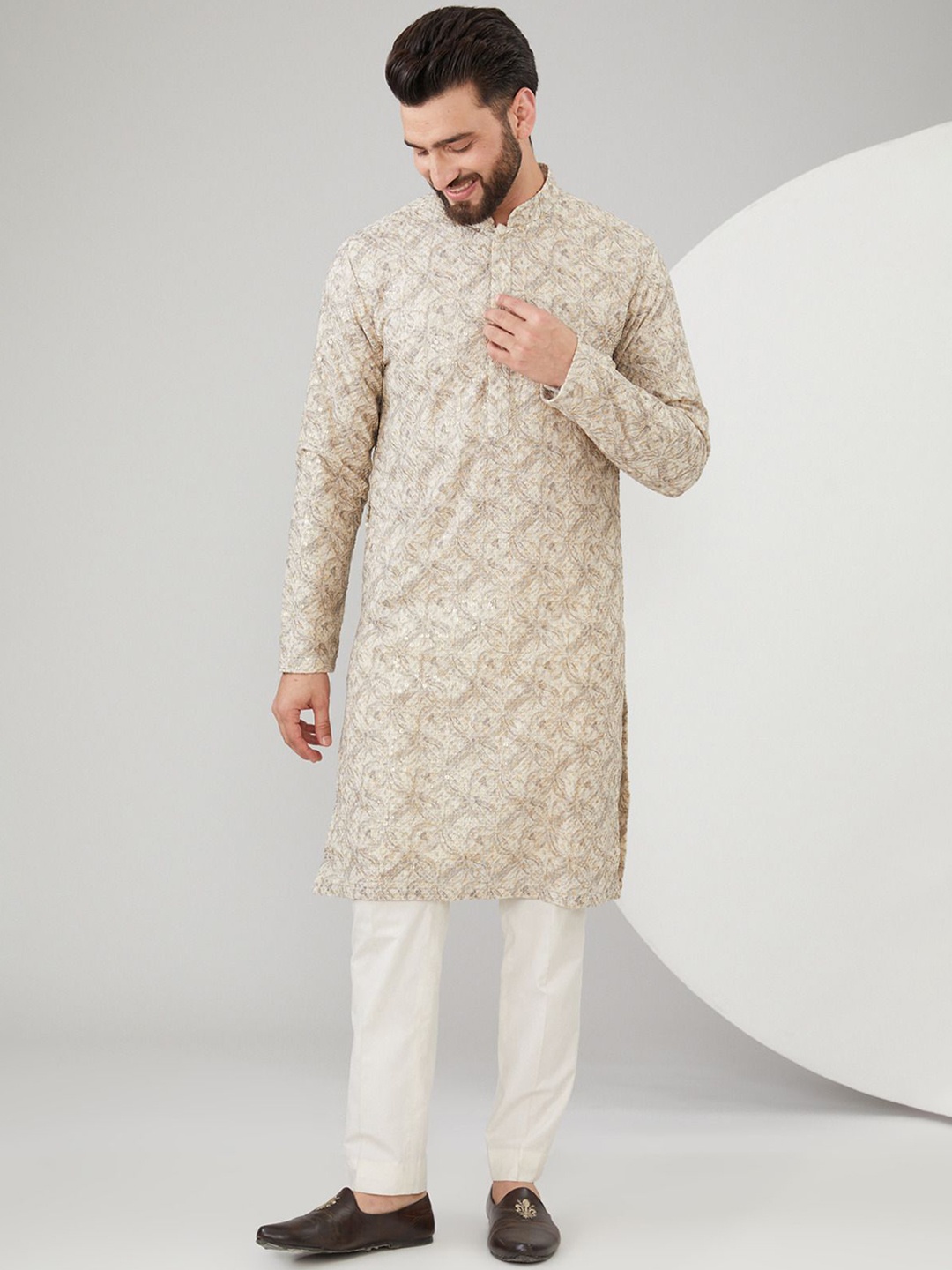 

KASBAH CLOTHING NISHCHAIY SAJDEH Embroidered Sequins Work Mandarin Collar Georgette Kurta, Cream