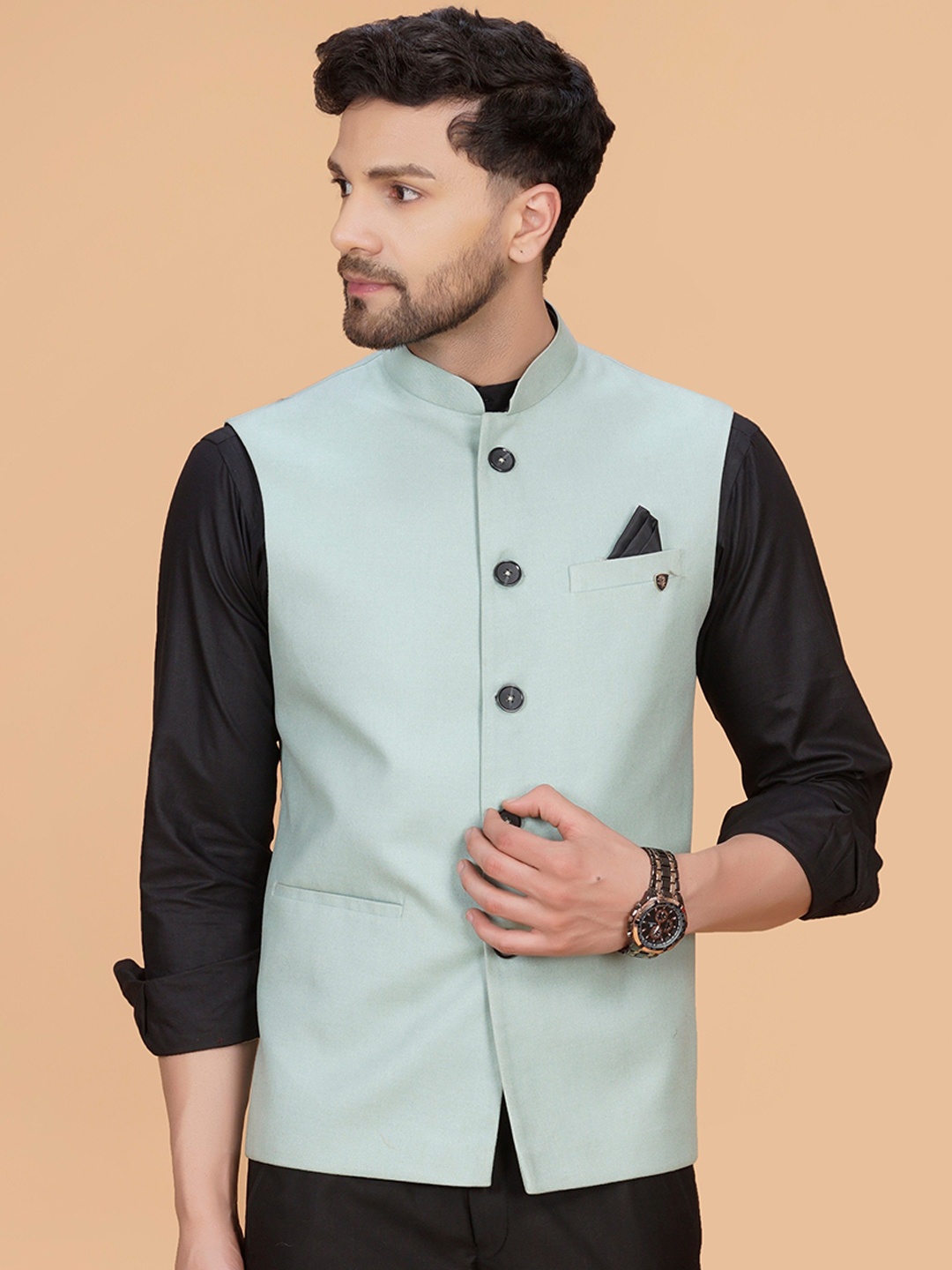 

LA'SCOOT Mandarin Collar Nehru Jacket, Sea green