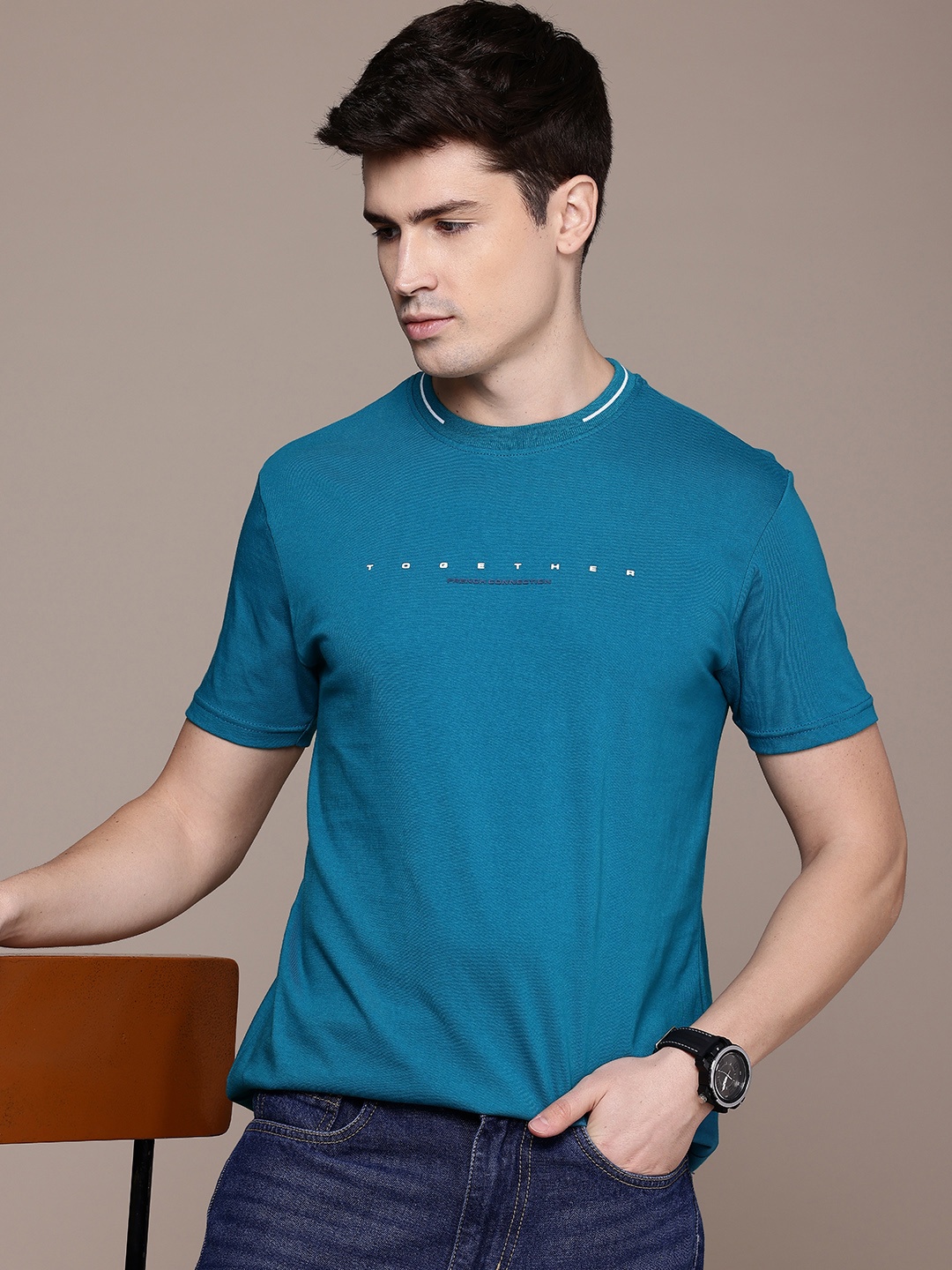 

French Connection Pure Cotton Typography Printed T-shirt, Teal