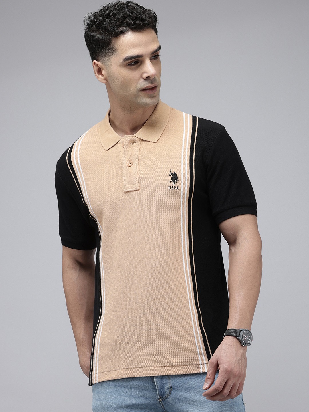 

U.S. Polo Assn. Colourblocked Polo Collar Pure Cotton Slim Fit T-shirt, Beige
