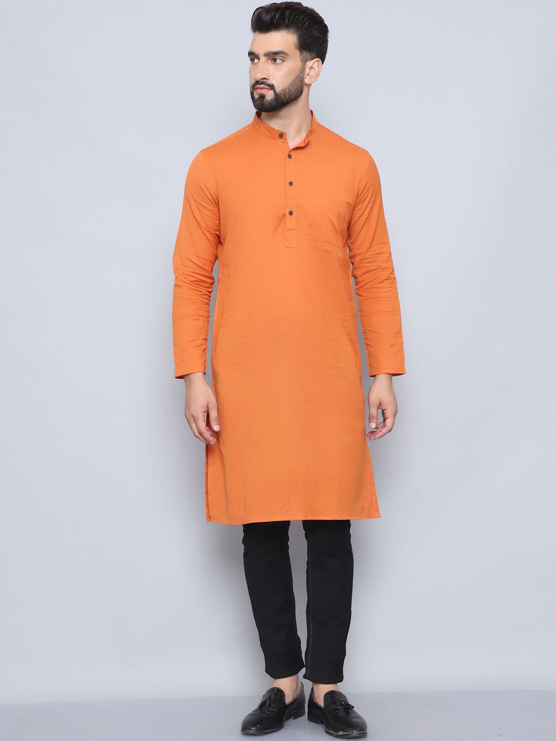 

even Band Collar Pure Cotton Straight Kurta, Orange