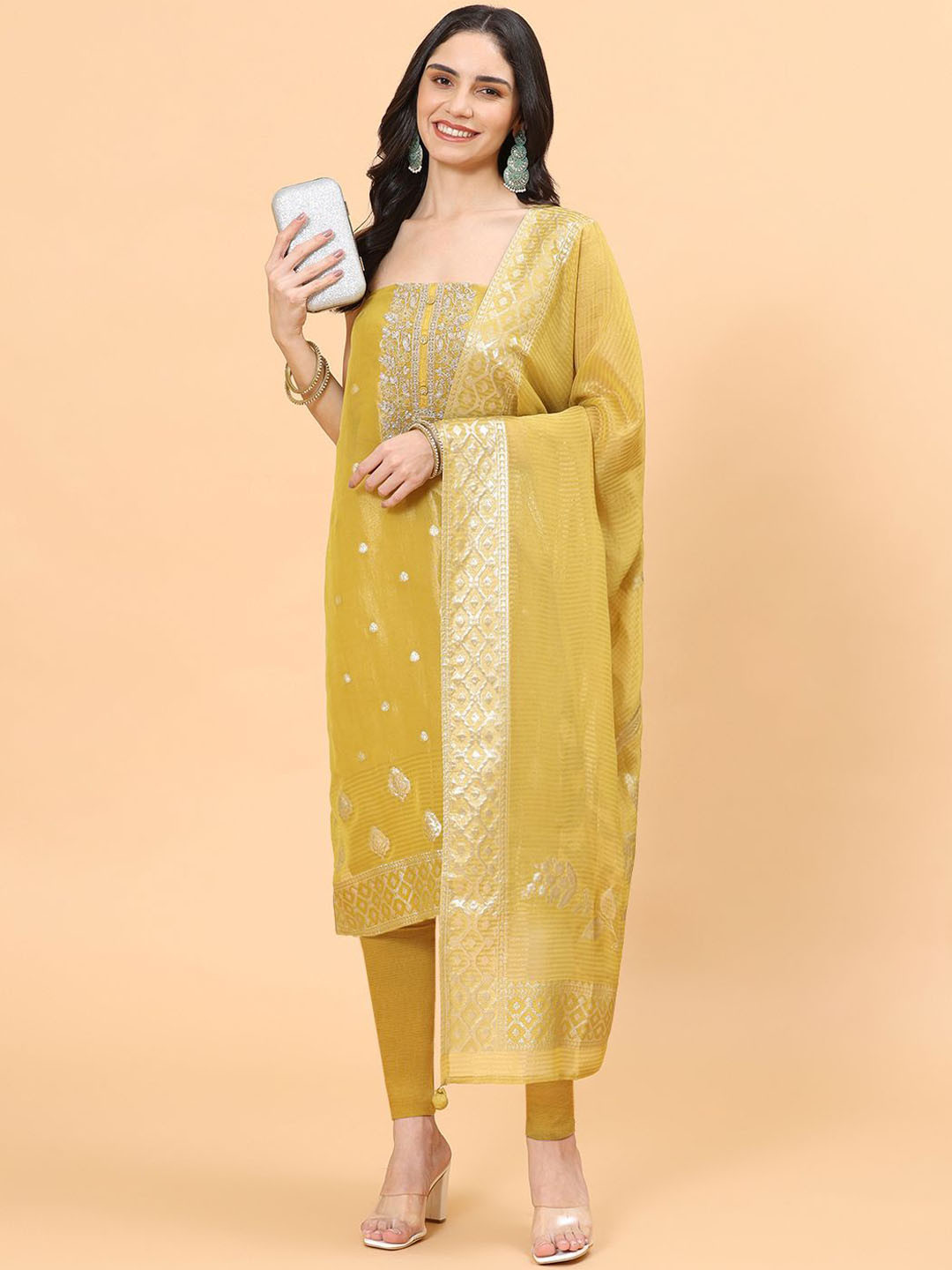 

Meena Bazaar Floral Woven Design Zari Unstitched Dress Material, Mustard