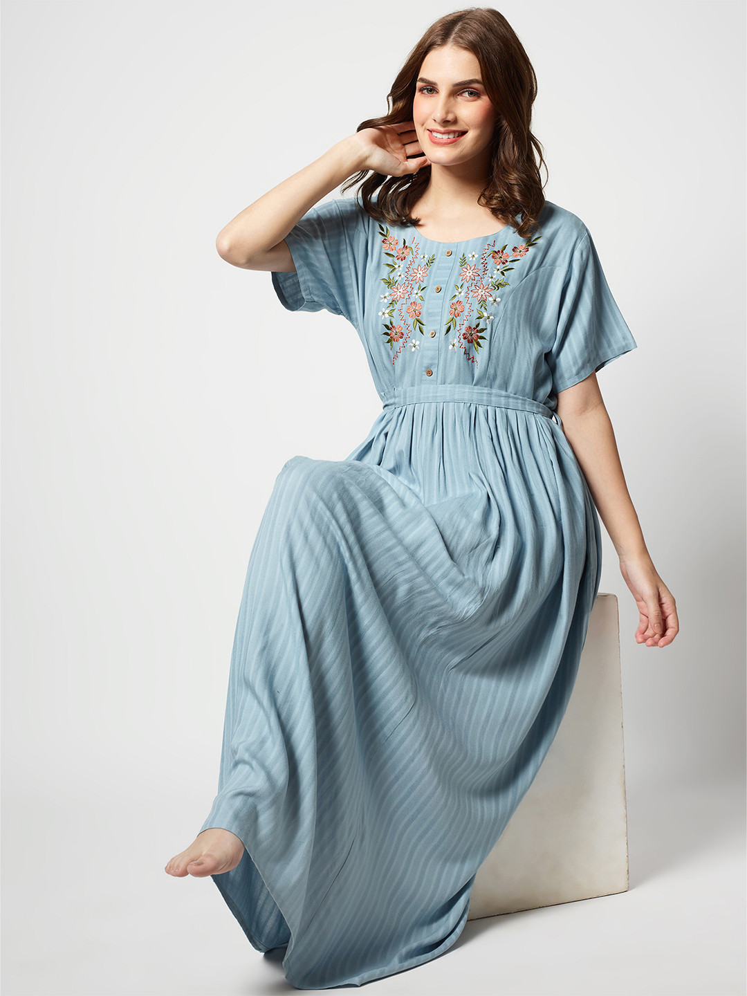 

Zeyo Floral Embroidered Maxi Nightdress, Blue