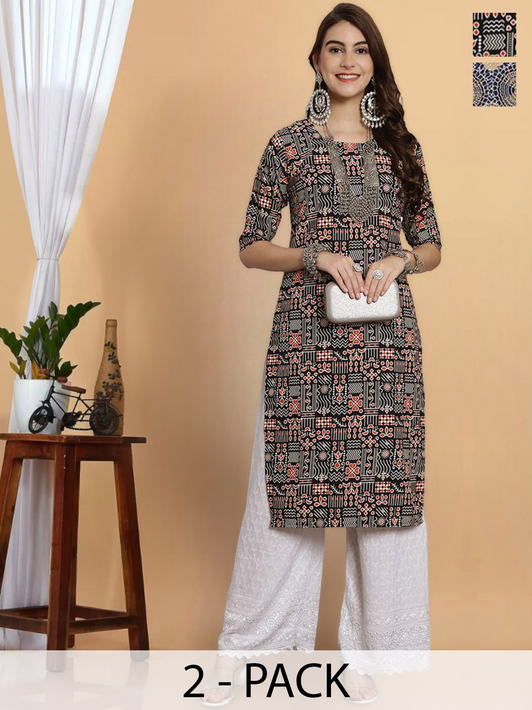 

7Threads Selection Of 2 Geometric Printed Round Neck Crepe Straight Kurta, Navy blue