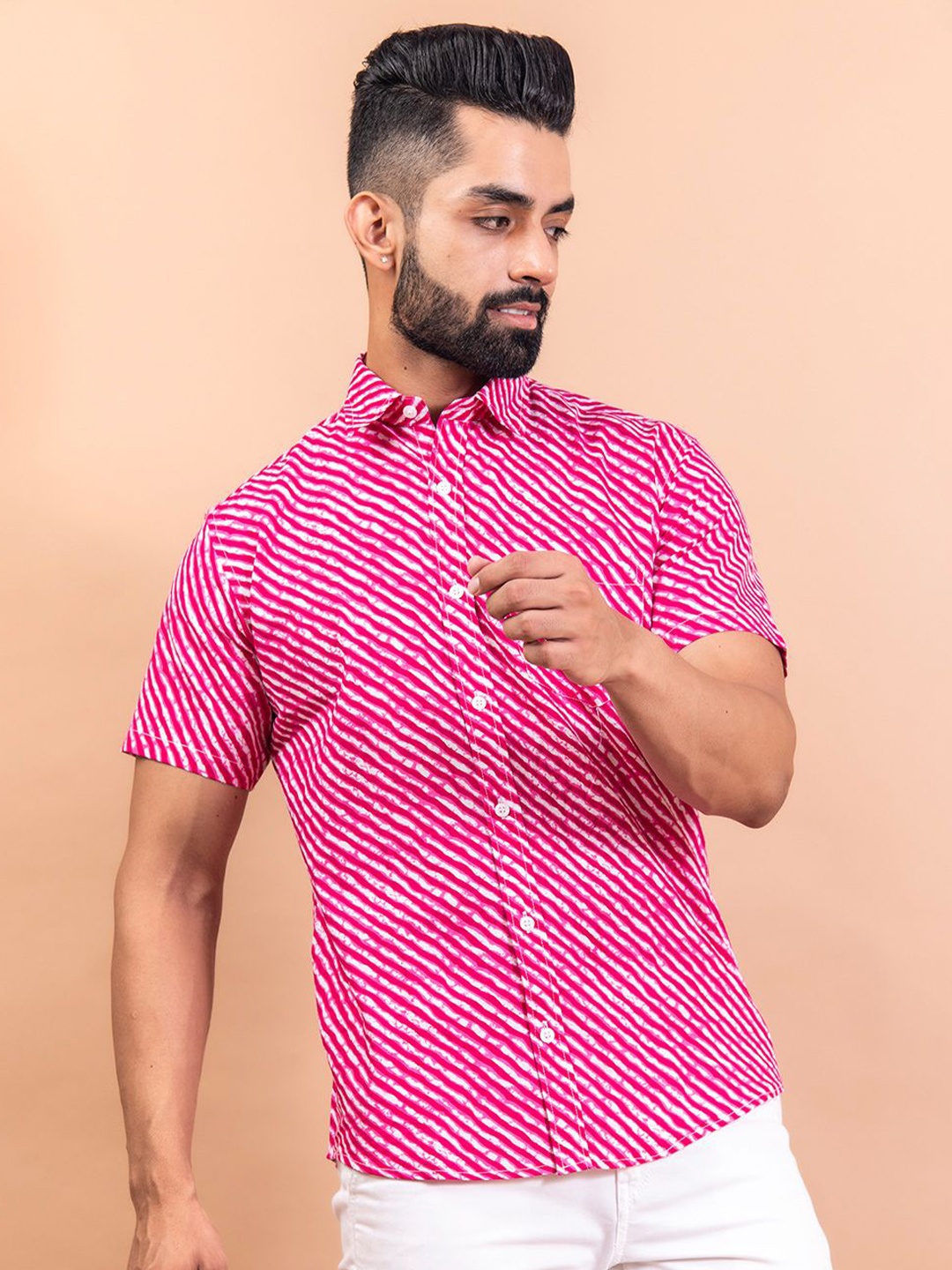 

Tistabene Men Standard Spread Collar Striped Cotton Casual Shirt, Pink