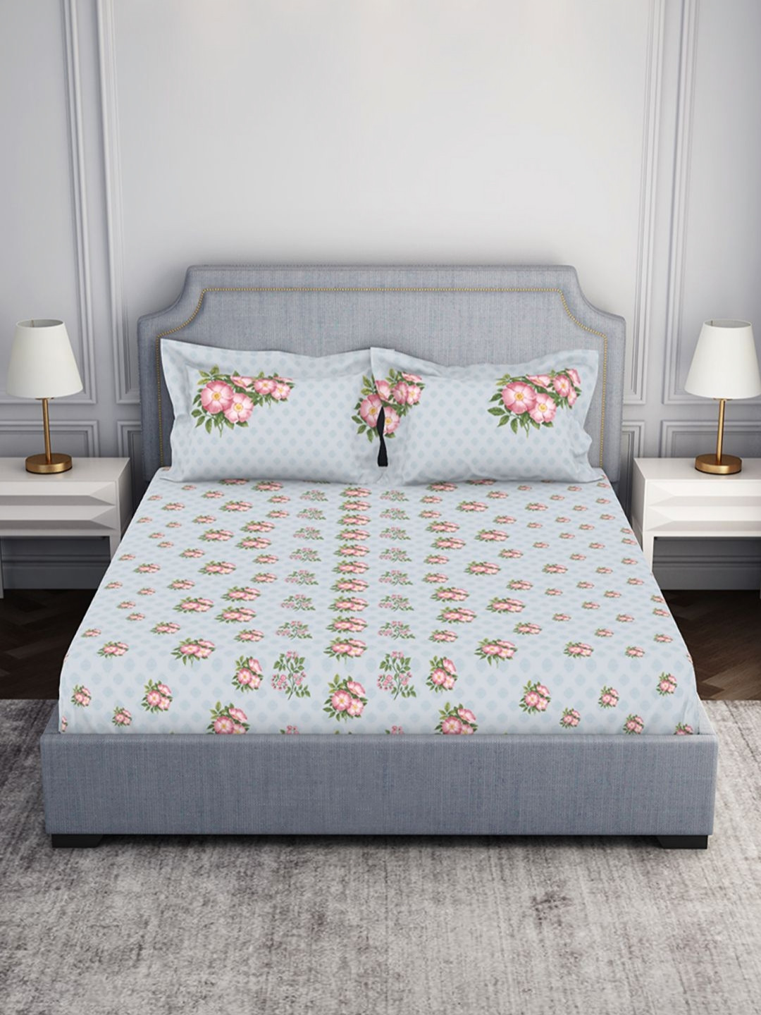 

SPACES Grey & Pink Floral 100% Cotton 130 TC Queen Bedsheet with 2 Pillow Covers