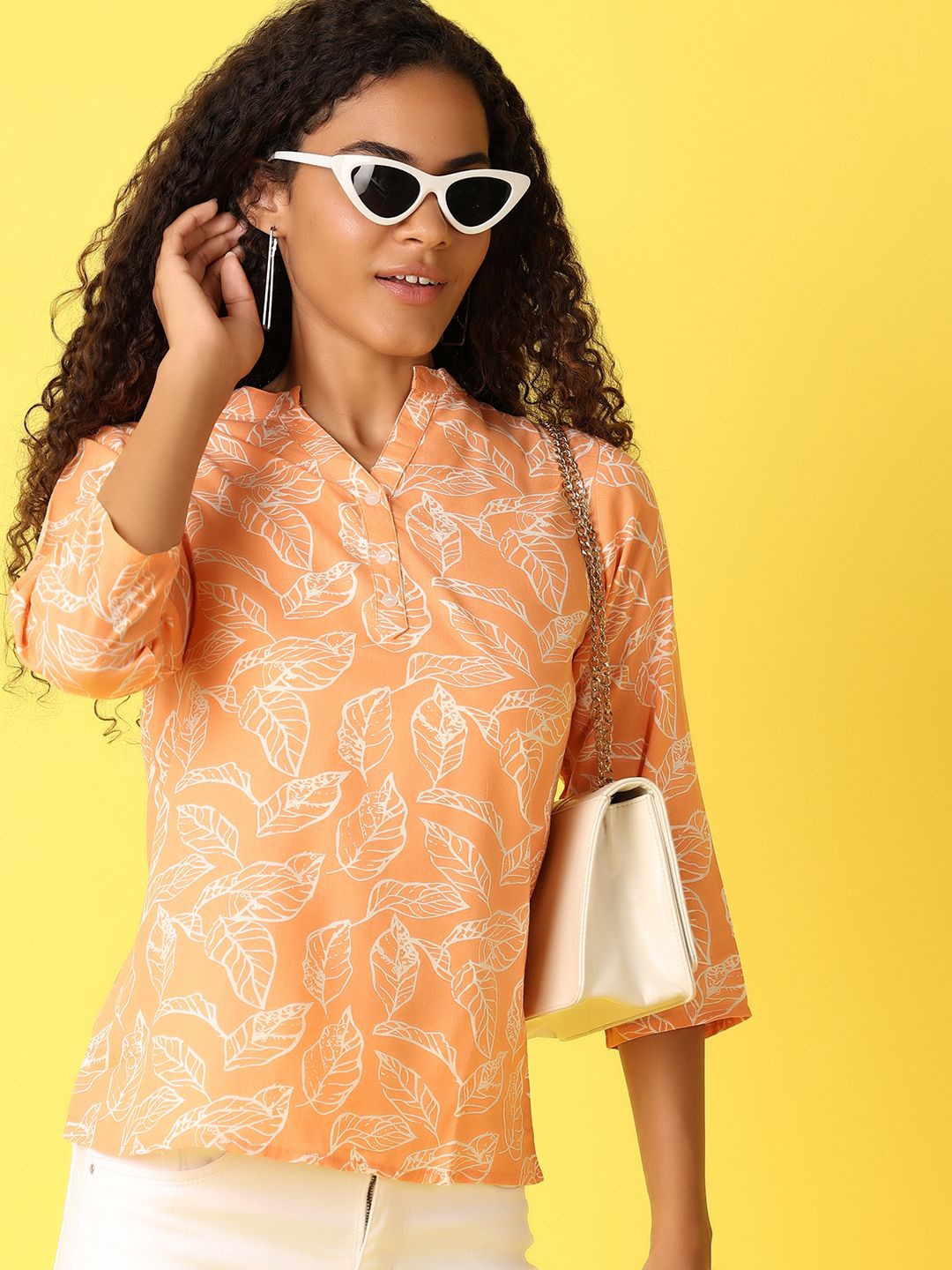

UNLIMITED Print Mandarin Collar Top, Coral