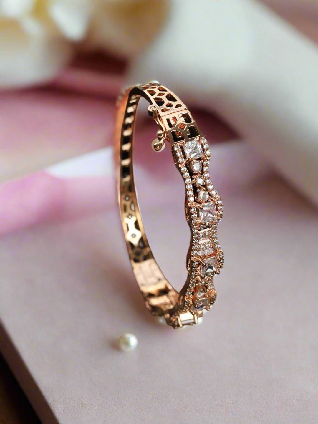 

Anouk Rose Gold-Plated American Diamond Bangle-Style Bracelet