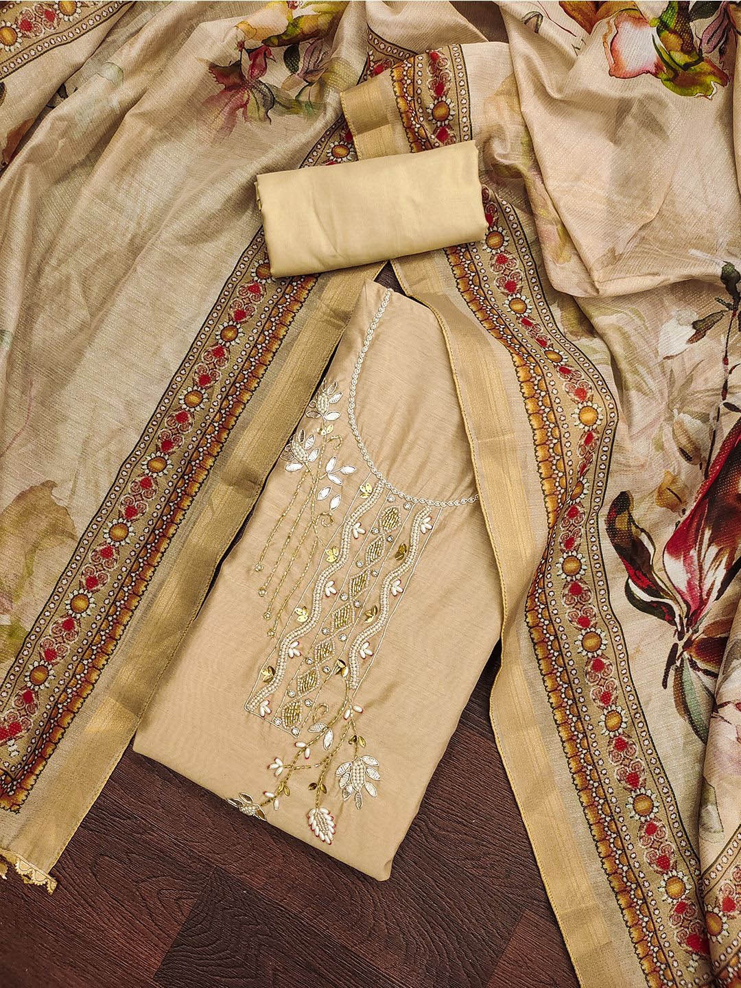 

Lilots Beads & Stones Embellished Unstitched Dress Material, Beige