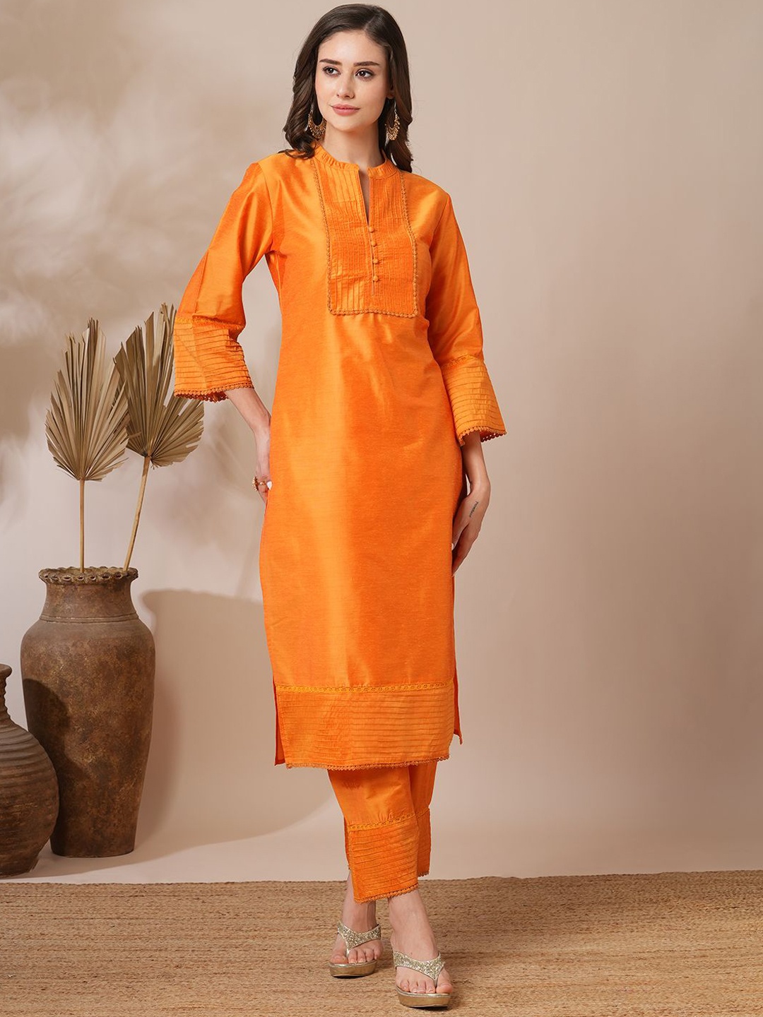 

FASHOR Flared Sleeves Pin Tucked Straight Fit Tunic With Trousers, Orange