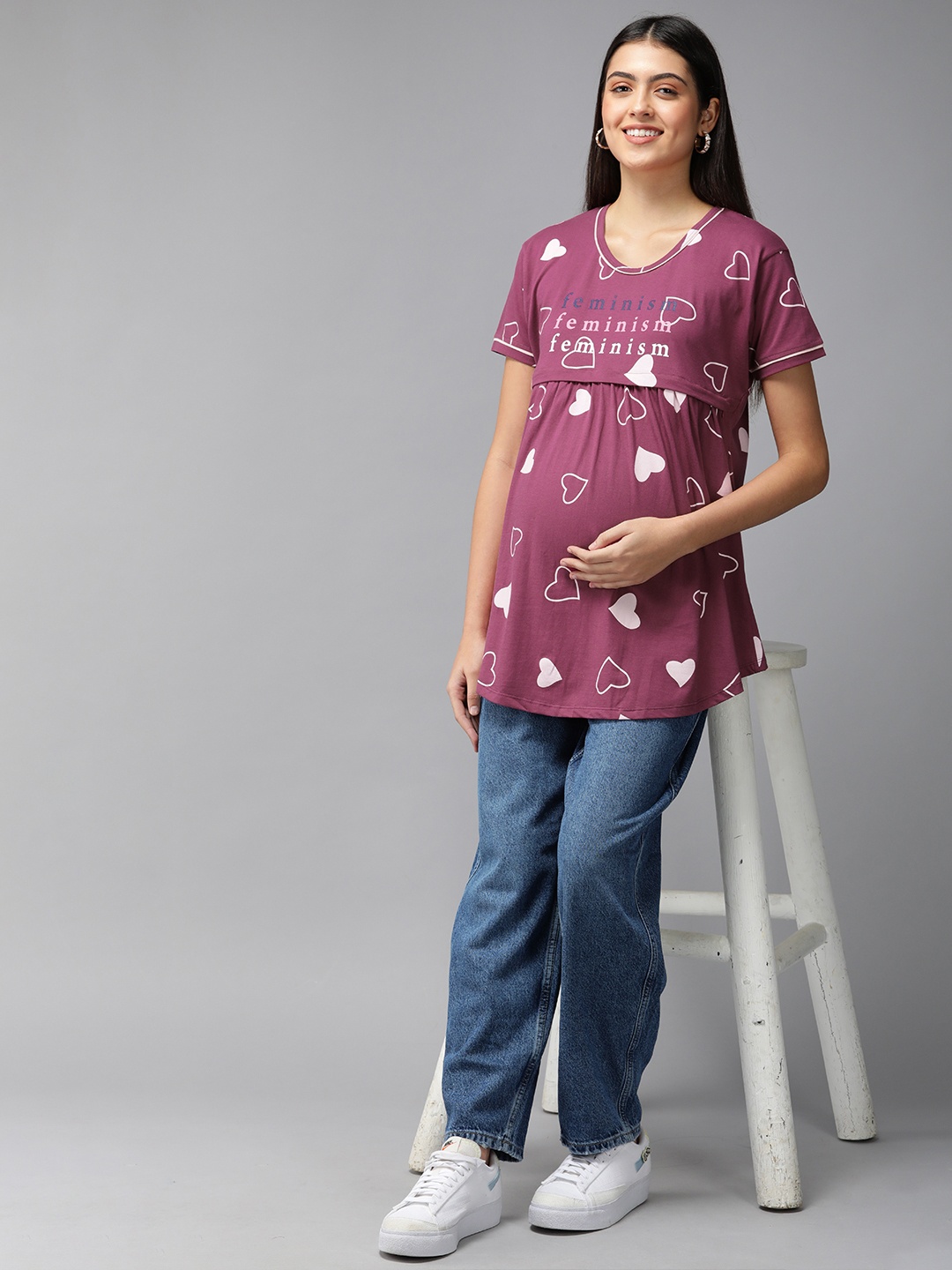 

Zeyo Purple Printed Cotton Maternity Top