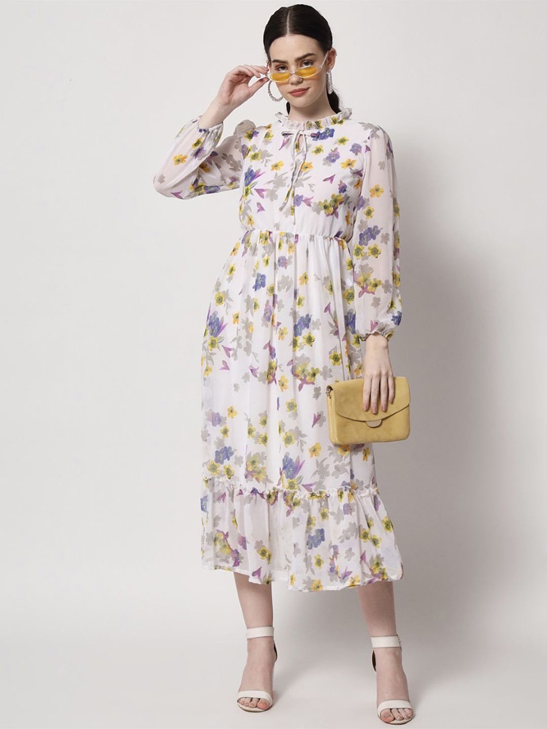 

ARAVALII Floral Print Halter Neck Puff Sleeve Chiffon A-Line Midi Dress, White