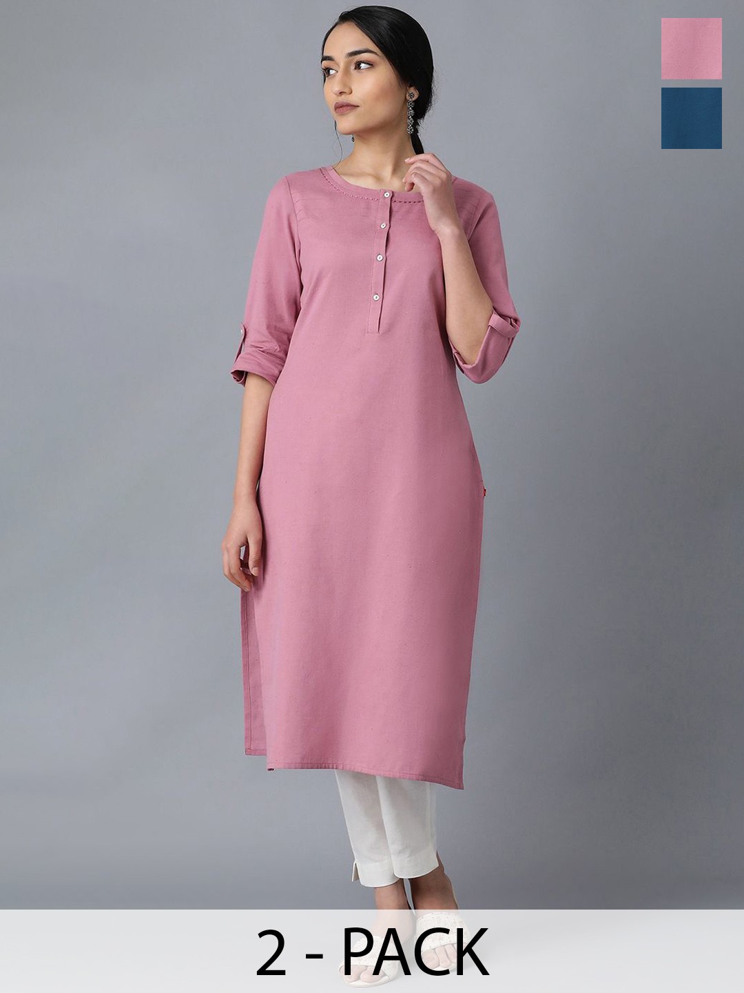

W Selection of 2 Roll Up Sleeves Straight Kurtas, Mauve