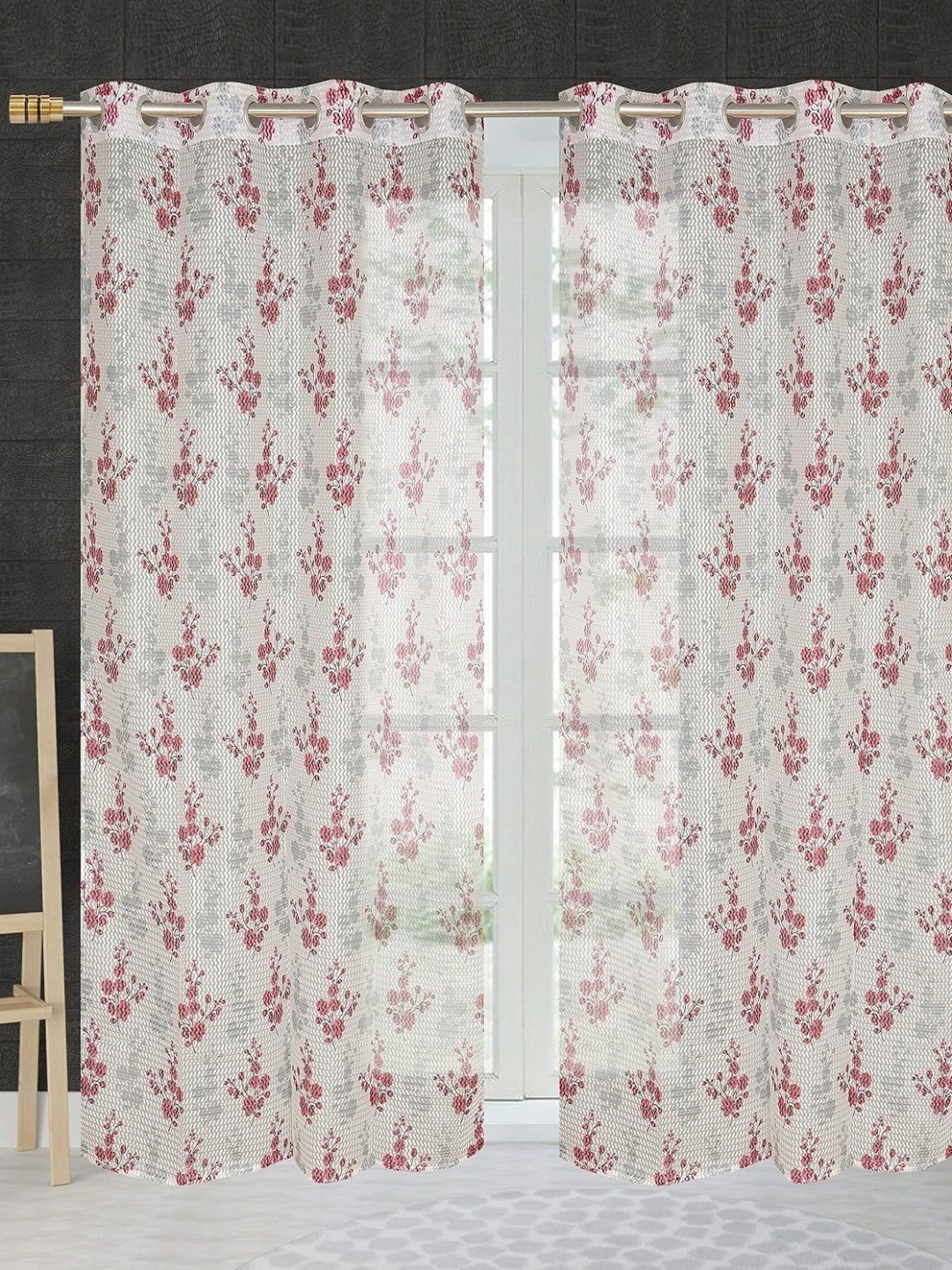 

JBG Home Store Pink & White 2 Pieces Floral Printed Sheer Window Curtain