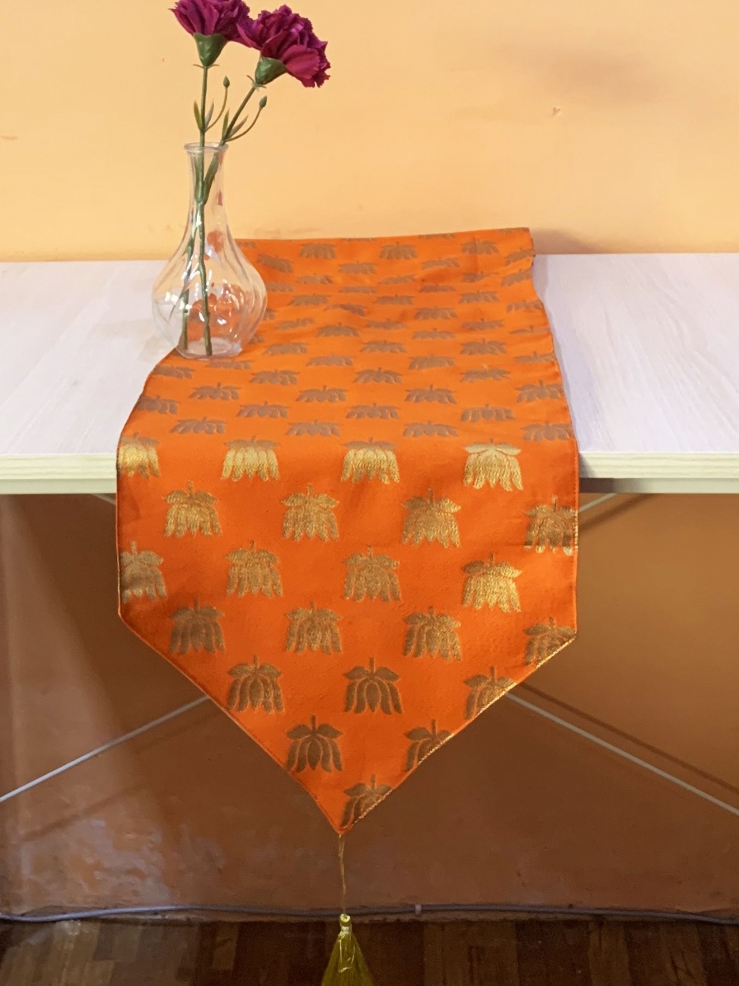 

Pink Parrot Orange-Colored and GoldToned Floral Printed Table Runner